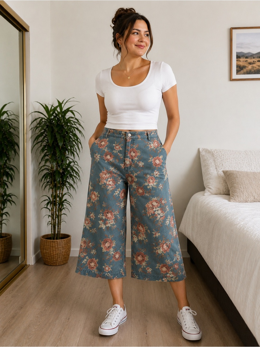 fab'rik Blue Floral Wide-Leg Cropped Pants